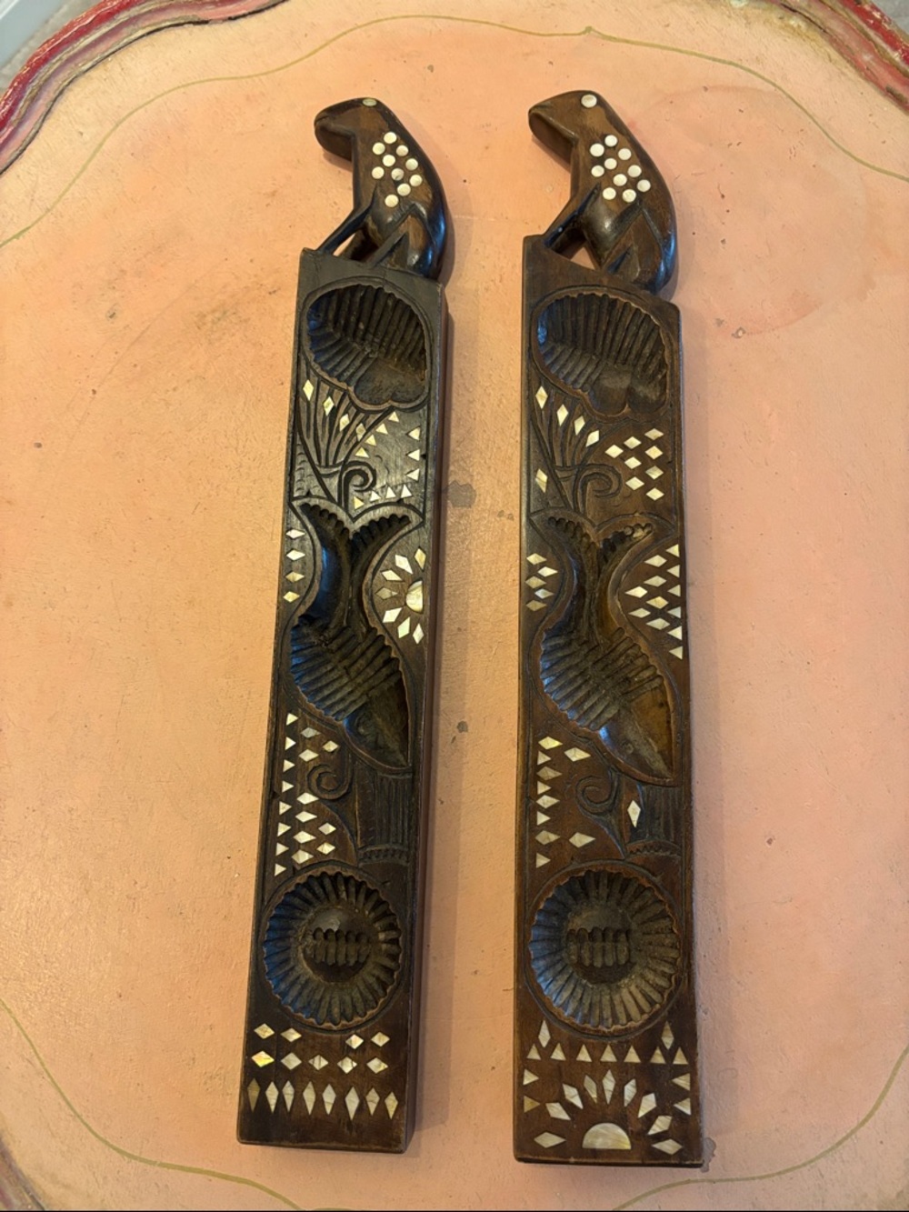 Hand-Carved Dark Brown Wooden Wall Decor Panels with Inlay - Pair